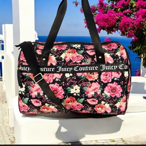 Juicy Couture Handbags - Juicy Couture Black and Pink Floral Travel Bag large duffle Cottagecore Y2K